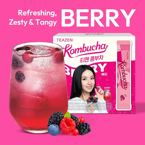 TEAZEN Berry Kombucha Tea, Hydration Drink Mix, Sugar Free, Live Probiotics & Prebiotics, 30 Sticks, 5.29oz