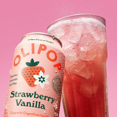 OLIPOP Prebiotic Soda Pop,Strawberry Vanilla,Pantry Pack Packed with Prebiotics,Fiber,and Botanicals,Gluten Free,Vegan,GMO Free,12oz,(Pack of 24)