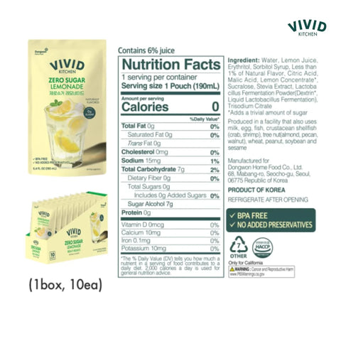 VIVID KITCHEN Lemonade Pouch Drinks – Zero Sugar, Zero Calories | Korean Convenience Store Drink | No Artificial Preservatives or Corn Syrup | 6.4 fl oz (10 Pouches) (10 Pouch, Lemonade)