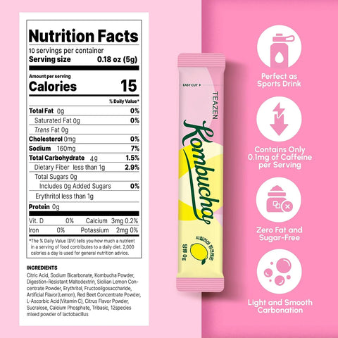 TEAZEN Sicily Pink Lemon Kombucha Powder, Hydration Drink Mix, Sugar Free, Live Probiotics & Prebiotics, On-the-Go 10 Packets, 1.76oz
