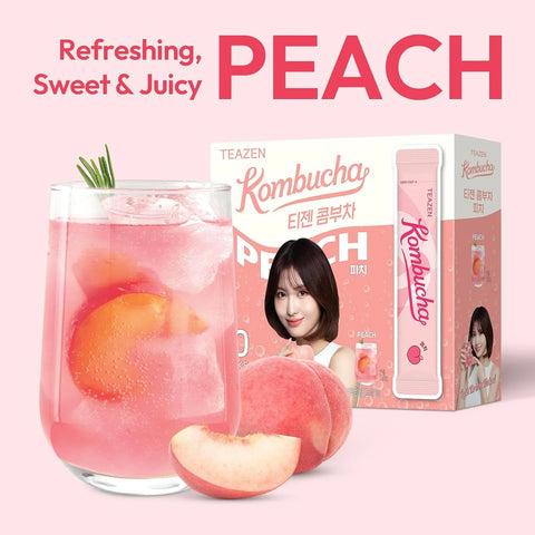 TEAZEN Peach Kombucha Tea, Hydration Drink Mix, Sugar Free, Live Probiotics & Prebiotics, 30 Sticks, 5.29oz