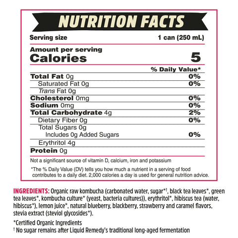 Liquid Remedy Kombucha Sugar Free Organic Drink, Low Calorie, Probiotic Like Tea for Gut Health - Mixed Berry - 8.5 Fl Oz Can, 24-Pack