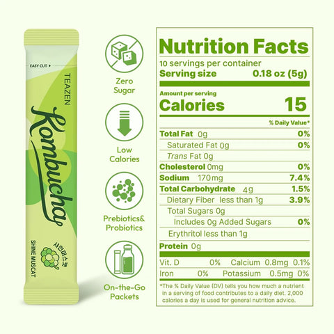 TEAZEN Shine Muscat Kombucha Powder, Electrolyte Powder & Hydration Drink Mix, Sugar Free, Live Probiotics & Prebiotics, On-the-Go 10 Packets, 1.76oz
