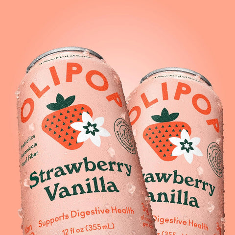 OLIPOP Prebiotic Soda Pop,Strawberry Vanilla,Pantry Pack Packed with Prebiotics,Fiber,and Botanicals,Gluten Free,Vegan,GMO Free,12oz,(Pack of 24)