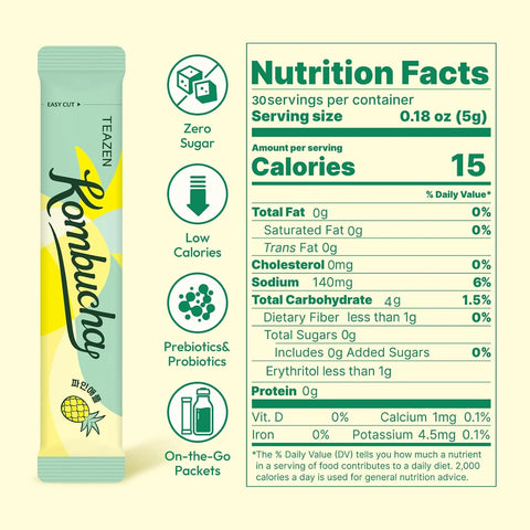 TEAZEN Pineapple Kombucha Powder, Hydration Drink Mix, Sugar Free, Live Probiotics & Prebiotics, On-the-Go 30 Packets, 5.29oz