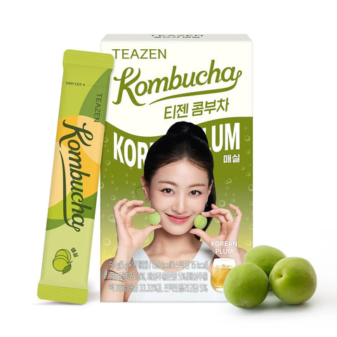 TEAZEN Kombucha Powder, Korean Plum Flavor, Zero Sugar, Sparkling Fermented Powdered Mix Beverage from Korea, Live Probiotics & Prebiotics, On-the-Go 10 Packets, 1.76oz