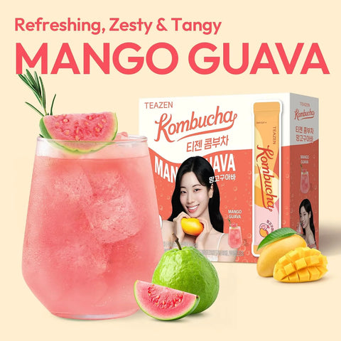 TEAZEN Mango Guava Kombucha Tea, Hydration Drink Mix, Sugar Free, Live Probiotics & Prebiotics, 30 Sticks, 5.29oz