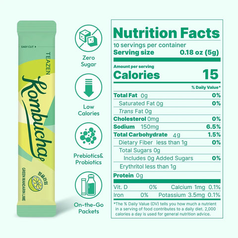 TEAZEN Green Mandarin Lime Kombucha Powder, Hydration Drink Mix, Sugar Free, Live Probiotics & Prebiotics, On-the-Go 10 Packets, 1.76oz