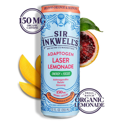 Sir Inkwell's Adaptogen Lemonade | Healthful Energy + Productivity 150 mg Organic Caffeine | 300mg Ashwagandha Reishi Ginseng | Non-GMO Certified | Blood Orange & Mango Flavor