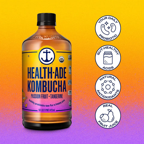 Health-Ade Kombucha Tea Organic Drink, Fermented Tea with Living Probiotics, Detoxifying Acids, Supports Gut Health, Non-GMO, Vegan, Gluten Free, 12 Pack (16 Fl Oz Bottles), Passion Fruit Tangerine