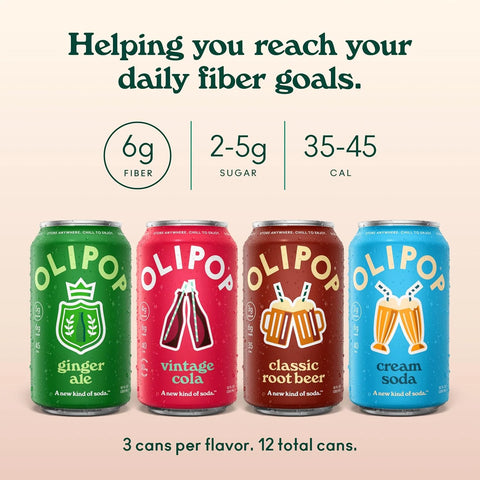 OLIPOP 6g Fiber Prebiotic Soda, Classic Soda Variety, 12 fl oz, 12 Pack