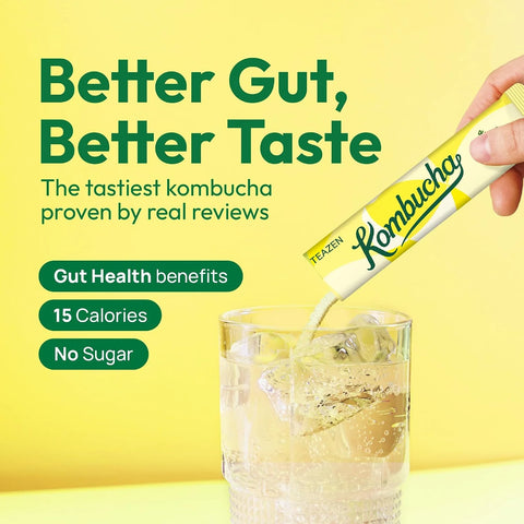TEAZEN Lemon Kombucha Powder, Hydration Drink Mix, Sugar Free, Live Probiotics & Prebiotics, On-the-Go 30 Packets, 5.29oz