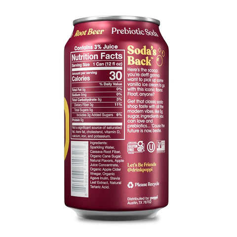 Poppi Sparkling Prebiotic Soda Beverage with Apple Cider Vinegar, Seltzer Water and Fruit Juice, Root Beer Flavor, 12 Fl Oz, 1 Count, Packaging May Vary