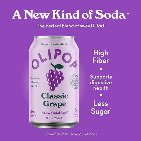OLIPOP Prebiotic Soda Pop,Classic Grape,Pantry Pack Packed with Prebiotics,Fiber,and Botanicals,Gluten Free,Vegan,GMO Free,12oz,(Pack of 24)