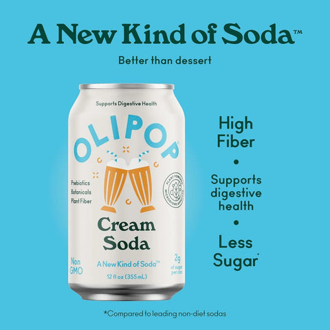 OLIPOP Prebiotic Soda Pop,Cream Soda,Pantry Pack Packed with Prebiotics,Fiber,and Botanicals,Gluten Free,Vegan,GMO Free,12oz,(Pack of 24)