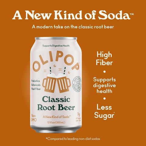 OLIPOP Prebiotic Soda Pop, Classic Root Beer, Pantry Pack Packed with Prebiotics, Fiber, and Botanicals, Gluten Free, Vegan, GMO Free, 12oz, (Pack of 24)