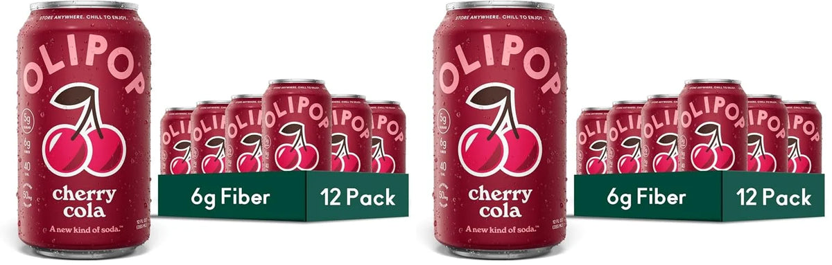 OLIPOP Prebiotic Soda Pop,Cherry Cola,Pantry Pack Packed with Prebiotics,Fiber,and Botanicals,Gluten Free,Vegan,GMO Free,12oz,(Pack of 24)