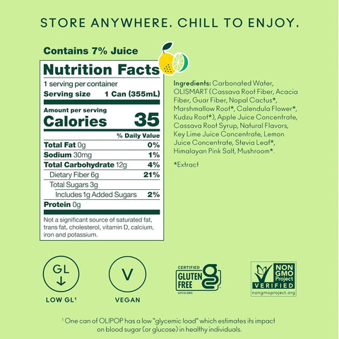OLIPOP 6g Fiber Prebiotic Soda, Lemon Lime, 12 fl oz, 12 Pack