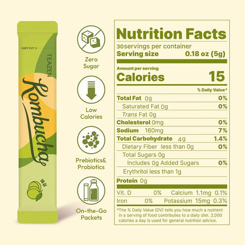 TEAZEN Korean Plum Kombucha Tea, Electrolyte & Hydration Drink Mix, Sugar Free, Live Probiotics & Prebiotics, On-the-Go 30 Packets, 5.29oz