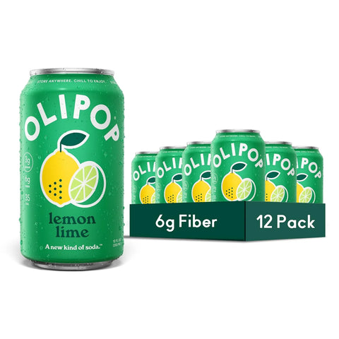 OLIPOP 6g Fiber Prebiotic Soda, Lemon Lime, 12 fl oz, 12 Pack