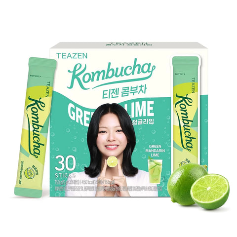 TEAZEN Green Mandarin Lime Kombucha Powder, Hydration Drink Mix, Sugar Free, Live Probiotics & Prebiotics, On-the-Go 30 Packets, 5.29oz