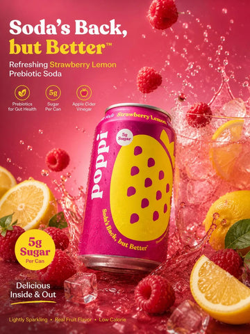Poppi Sparkling Prebiotic Soda Beverage with Apple Cider Vinegar, Seltzer Water and Fruit Juice, Strawberry Lemon Flavor, 12 Fl Oz, 1 Count, Packaging May Vary