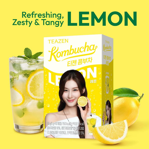 TEAZEN Lemon Kombucha Tea, Hydration Drink Mix, Sugar Free, Live Probiotics & Prebiotics, 10 Sticks, 1.76oz