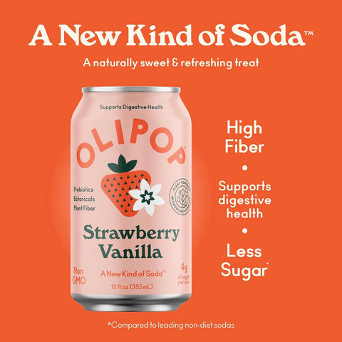 OLIPOP Prebiotic Soda Pop,Strawberry Vanilla,Pantry Pack Packed with Prebiotics,Fiber,and Botanicals,Gluten Free,Vegan,GMO Free,12oz,(Pack of 24)