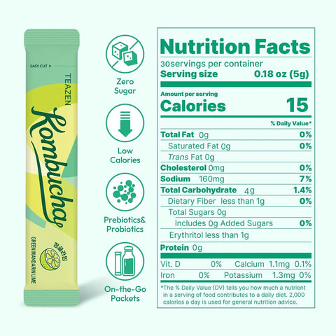 TEAZEN Green Mandarin Lime Kombucha Powder, Hydration Drink Mix, Sugar Free, Live Probiotics & Prebiotics, On-the-Go 30 Packets, 5.29oz