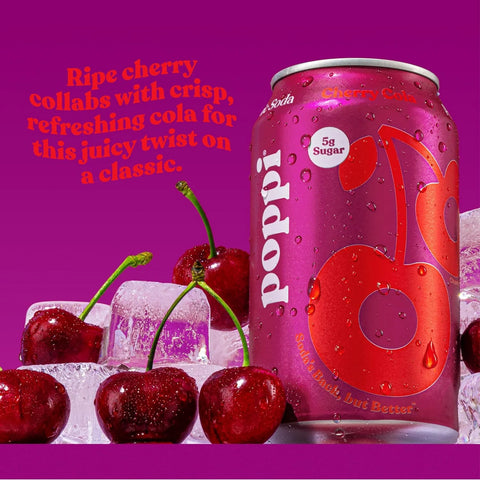 Poppi Sparkling Prebiotic Soda Beverage with Apple Cider Vinegar, Seltzer Water and Fruit Juice, Cherry Cola, 12 Fl Oz, 1 Count, Packaging May Vary