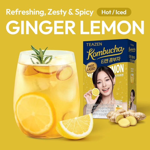TEAZEN Lemon Ginger Hot Kombucha Tea, Spice Tea, Live Probiotics & Postbiotics, Relaxation and Warmth for Colds and Sore Throat, Hydration Drink Mix, Sugar Free, On-the-Go 10 Packets, 1.76oz