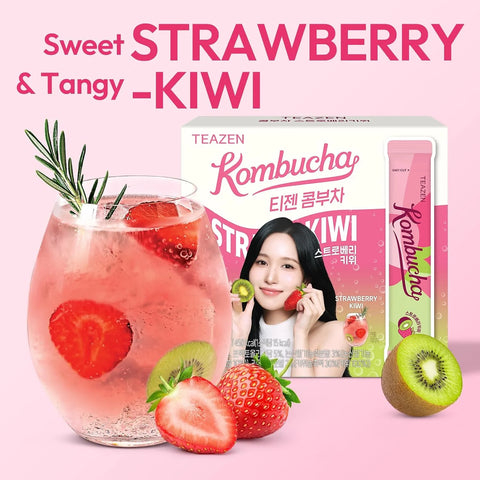 TEAZEN Strawberry Kiwi Kombucha Powder, Hydration Drink Mix, Sugar Free, Live Probiotics & Prebiotics, On-the-Go 30 Packets, 5.29oz