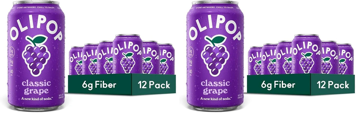 OLIPOP Prebiotic Soda Pop,Classic Grape,Pantry Pack Packed with Prebiotics,Fiber,and Botanicals,Gluten Free,Vegan,GMO Free,12oz,(Pack of 24)