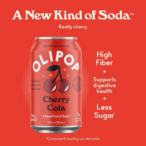 OLIPOP Prebiotic Soda Pop,Cherry Cola,Pantry Pack Packed with Prebiotics,Fiber,and Botanicals,Gluten Free,Vegan,GMO Free,12oz,(Pack of 24)