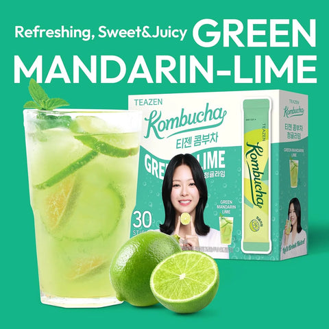 TEAZEN Green Mandarin Lime Kombucha Powder, Hydration Drink Mix, Sugar Free, Live Probiotics & Prebiotics, On-the-Go 30 Packets, 5.29oz