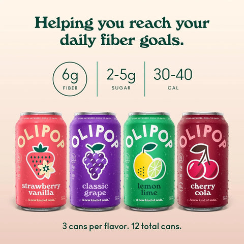 OLIPOP 6g Fiber Prebiotic Soda, Fruity Fun Variety, 12 fl oz, 12 Pack