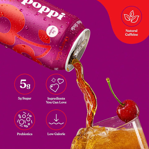 Poppi Sparkling Prebiotic Soda Beverage with Apple Cider Vinegar, Seltzer Water and Fruit Juice, Cherry Cola, 12 Fl Oz, 1 Count, Packaging May Vary