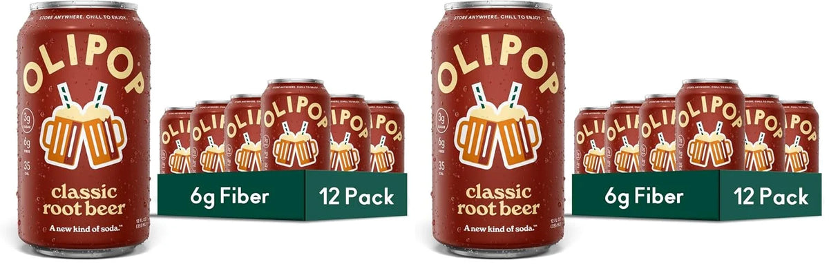 OLIPOP Prebiotic Soda Pop, Classic Root Beer, Pantry Pack Packed with Prebiotics, Fiber, and Botanicals, Gluten Free, Vegan, GMO Free, 12oz, (Pack of 24)