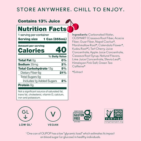 OLIPOP 6g Fiber Prebiotic Soda, Cherry Cola, 12 fl oz, 12 Pack
