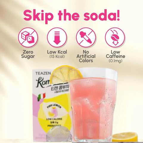 TEAZEN Sicily Pink Lemon Kombucha Powder, Hydration Drink Mix, Sugar Free, Live Probiotics & Prebiotics, On-the-Go 10 Packets, 1.76oz