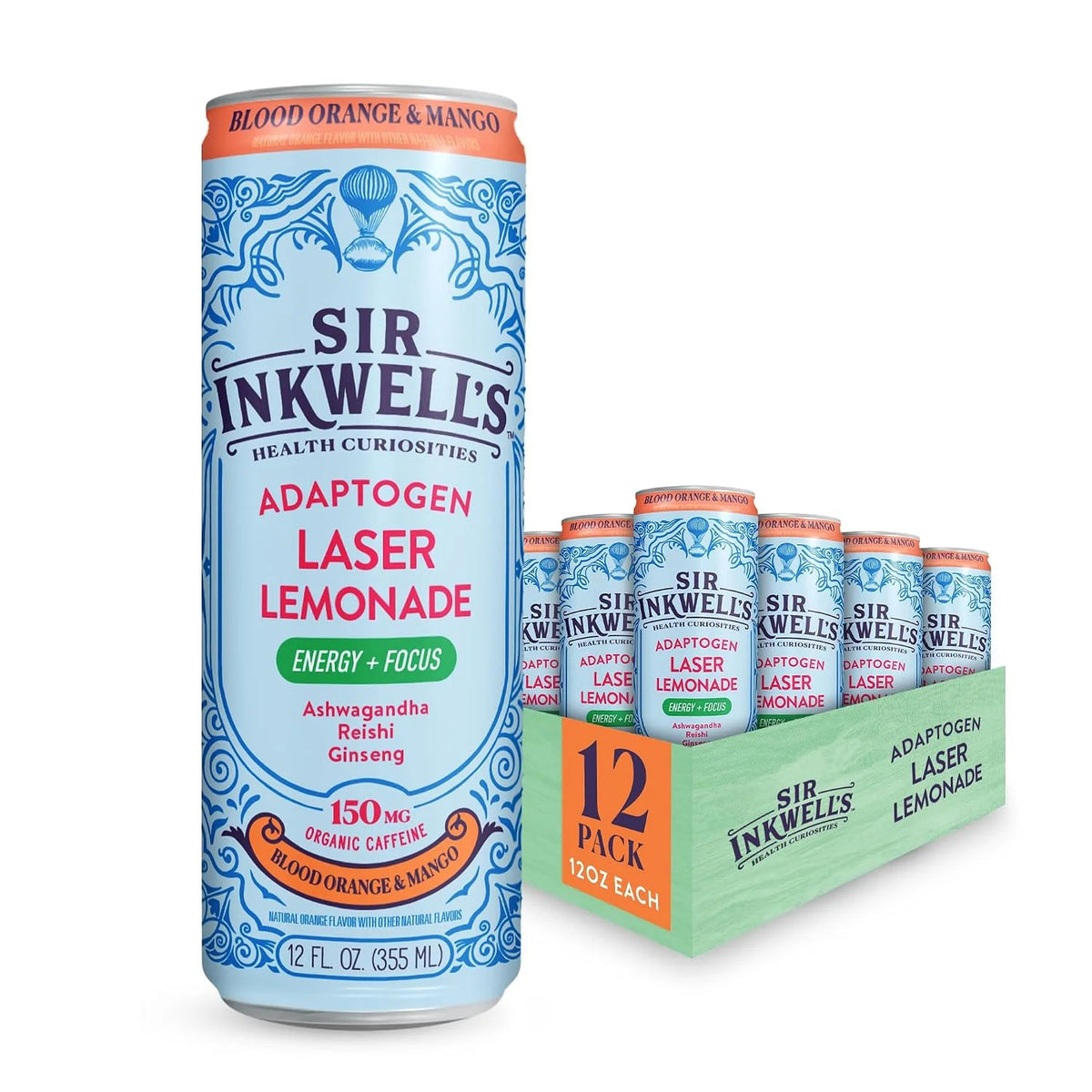 Sir Inkwell's Adaptogen Lemonade | Healthful Energy + Productivity 150 mg Organic Caffeine | 300mg Ashwagandha Reishi Ginseng | Non-GMO Certified | Blood Orange & Mango Flavor