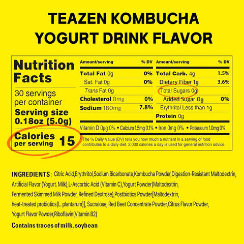 TEAZEN Yogurt Flavored Kombucha Powder, Hydration Drink Mix, Sugar Free, Live Probiotics & Prebiotics, On-the-Go 30 Packets, 5.29oz