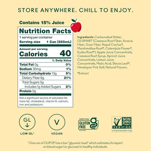 OLIPOP 6g Fiber Prebiotic Soda, Crisp Apple, 12 fl oz, 12 Pack