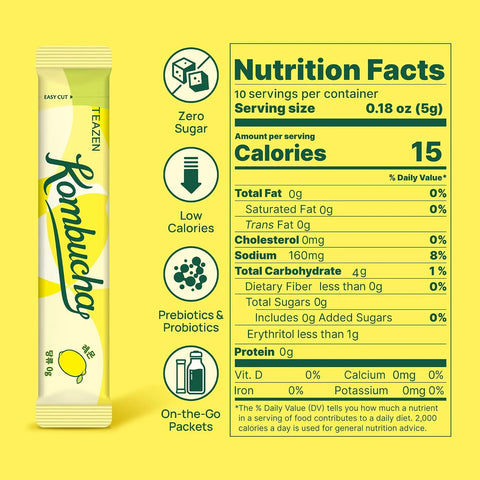 TEAZEN Lemon Kombucha Tea, Hydration Drink Mix, Sugar Free, Live Probiotics & Prebiotics, 10 Sticks, 1.76oz