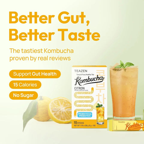 TEAZEN Citron Kombucha Tea, Hydration Drink Mix, Sugar Free, Live Probiotics & Prebiotics, 10 Sticks, 1.76oz