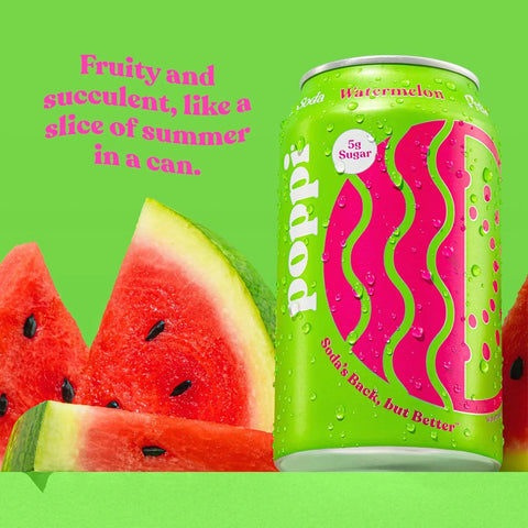 Poppi Sparkling Prebiotic Soda Beverage with Apple Cider Vinegar, Seltzer Water and Fruit Juice, Watermelon Flavor, 12 Fl Oz, 1 Count, Packaging May Vary (Pack of 6)