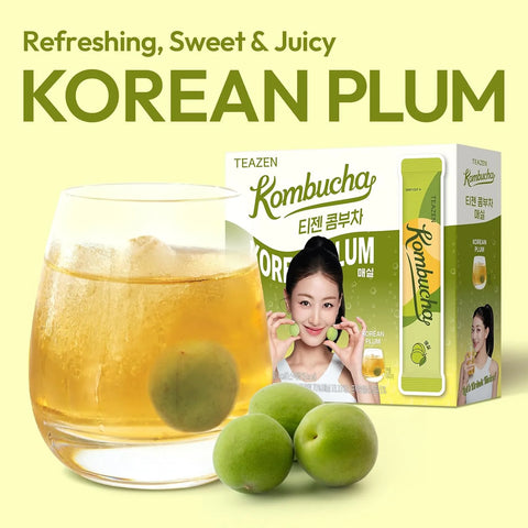 TEAZEN Korean Plum Kombucha Tea, Electrolyte & Hydration Drink Mix, Sugar Free, Live Probiotics & Prebiotics, On-the-Go 30 Packets, 5.29oz