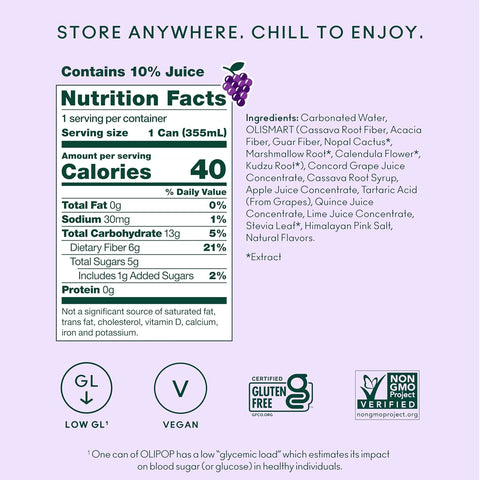 OLIPOP 6g Fiber Prebiotic Soda, Classic Grape, 12 fl oz, 12 Pack