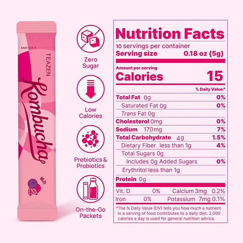TEAZEN Berry Kombucha Powder, Hydration Drink Mix, Sugar Free, Live Probiotics & Prebiotics, On-the-Go 10 Packets, 1.76oz