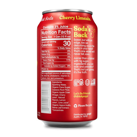 Poppi Sparkling Prebiotic Soda Beverage with Apple Cider Vinegar, Seltzer Water and Fruit Juice, Cherry Limeade Flavor, 12 Fl Oz, 1 Count, Packaging May Vary (Pack of 6)